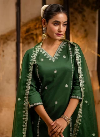 Green Silk Blend Salwar Suit with Embroidered Work