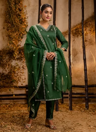 Green Silk Blend Salwar Suit with Embroidered Work