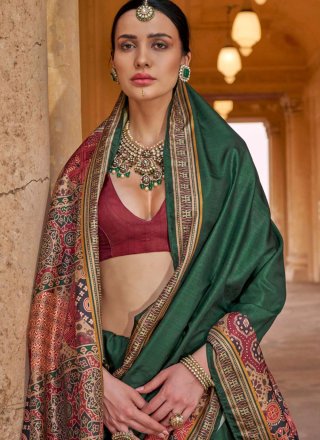 Green Silk Block Print and Paisley Print Work Contemporary Saree