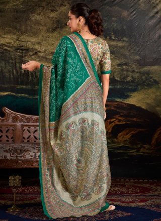 Green Silk Classic Saree with Bandhej and Print Work