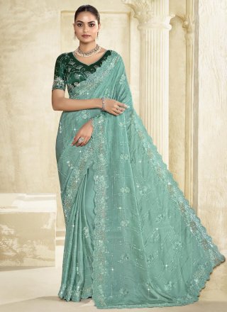 Green Silk Classic Saree with Cut, Embroidered and Sequins Work for Ceremonial