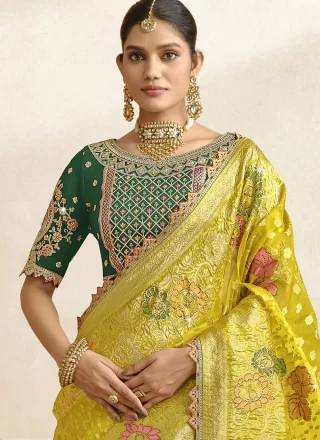 Green Silk Classic Saree with Cut, Jacquard, Lace, Stone, Weaving and Zari Work