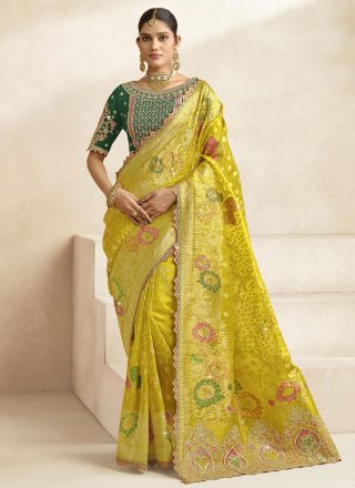Green Silk Classic Saree with Cut, Jacquard, Lace, Stone, Weaving and Zari Work