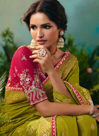 Green Silk Classic Saree with Embroidered and Weaving Work