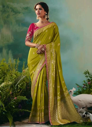 Green Silk Classic Saree with Embroidered and Weaving Work