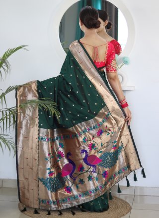 Green Silk Classic Sari with Embroidered and Jacquard Work for Women