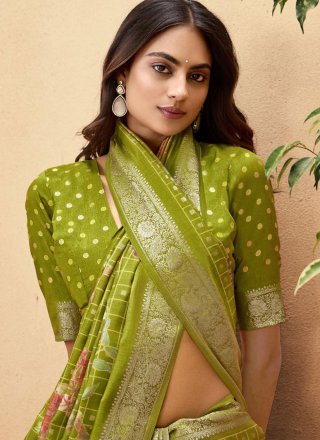 Green Silk Classic Sari with Print and Weaving Work