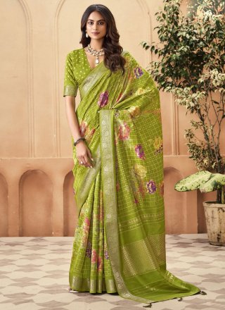 Green Silk Classic Sari with Print and Weaving Work