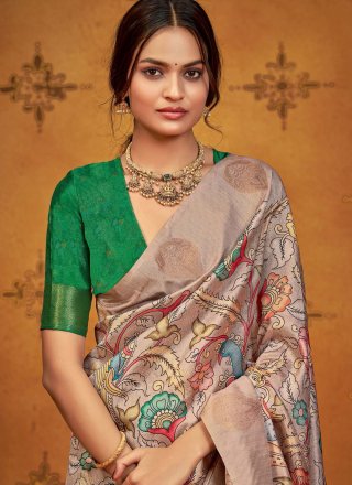 Green Silk Contemporary Saree with Print and Weaving Work