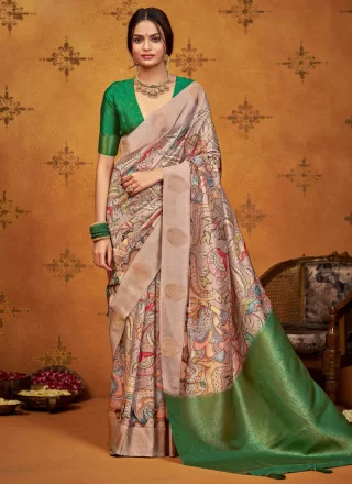 Green Silk Contemporary Saree with Print and Weaving Work
