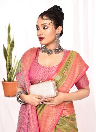 Green Silk Contemporary Sari with Floral Patch and Woven Work