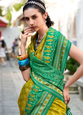 Green Silk Contemporary Sari with Patch Border, Weaving and Zari Work