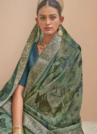 Green Silk Contemporary Sari with Print and Weaving Work