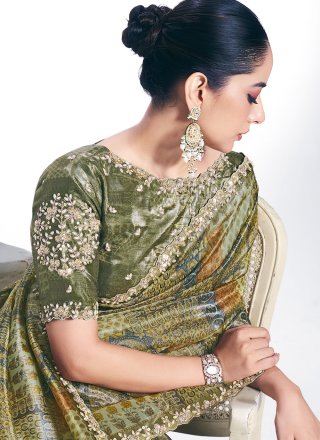 Green Silk Contemporary Sari with Print, Sequins, Stone, Thread and Zari Work for Ceremonial