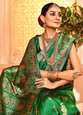 Green Silk Contemporary Sari with Woven Work for Women