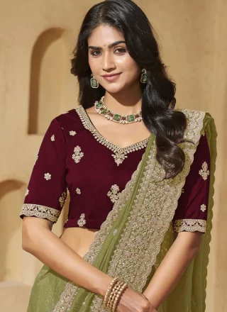 Green Silk Cord, Diamond, Embroidered and Thread Work Traditional Saree for Ceremonial