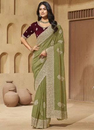 Green Silk Cord, Diamond, Embroidered and Thread Work Traditional Saree for Ceremonial