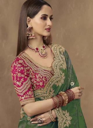 Green Silk Cord, Embroidered, Sequins and Thread Work Contemporary Sari for Ceremonial