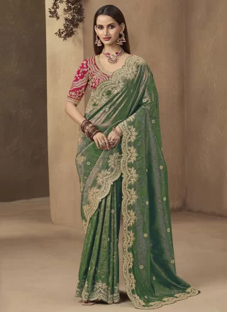 Green Silk Cord, Embroidered, Sequins and Thread Work Contemporary Sari for Ceremonial
