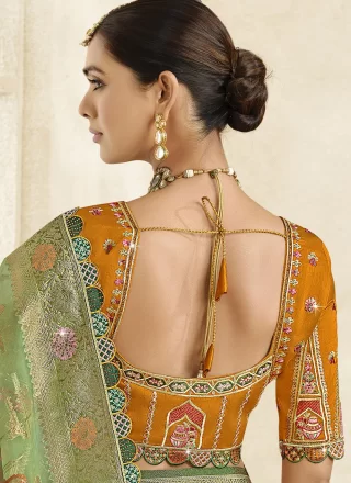 Green Silk Cut, Jacquard, Lace, Stone, Weaving and Zari Work Trendy Saree