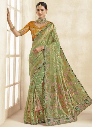 Green Silk Cut, Jacquard, Lace, Stone, Weaving and Zari Work Trendy Saree