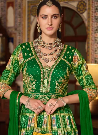 Green Silk Designer Gown with Embroidered, Foil Print, Mirror, Thread and Zari Work for Women