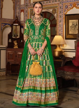 Green Silk Designer Gown with Embroidered, Foil Print, Mirror, Thread and Zari Work for Women