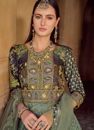 Green Silk Designer Gown with Embroidered, Foil Print, Sequins, Stone, Thread and Zari Work for Engagement