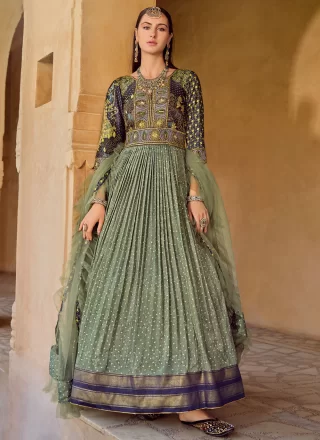 Green Silk Designer Gown with Embroidered, Foil Print, Sequins, Stone, Thread and Zari Work for Engagement