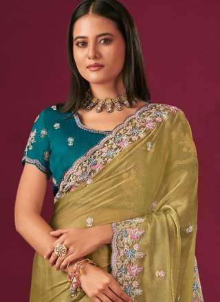 Green Silk Designer Saree with Booti, Cut, Embroidered and Zari Work for Ceremonial