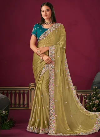 Green Silk Designer Saree with Booti, Cut, Embroidered and Zari Work for Ceremonial