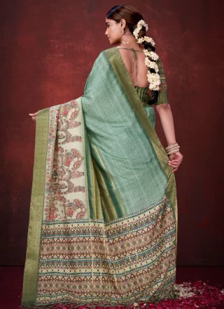 Green Silk Designer Saree with Print Work