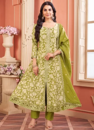 Green Silk Embroidered and Jacquard Work Readymade Salwar Suit