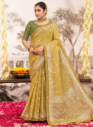 Green Silk Embroidered and Lace Work Trendy Saree for Ceremonial