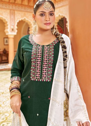 Green Silk Embroidered and Sequins Work Punjabi Salwar Suit for Casual
