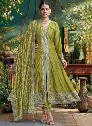 Green Silk Embroidered and Zari Work Pant Style Suit