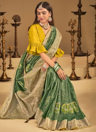 Green Silk Embroidered, Fancy, Stone, Swarovski, Weaving and Zari Work Classic Sari for Ceremonial