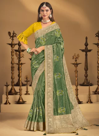 Green Silk Embroidered, Fancy, Stone, Swarovski, Weaving and Zari Work Classic Sari for Ceremonial