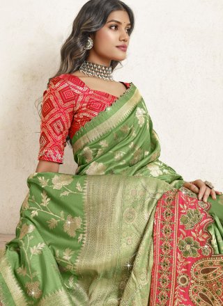 Green Silk Embroidered, Jacquard, Stone and Stone Work Classic Sari for Women