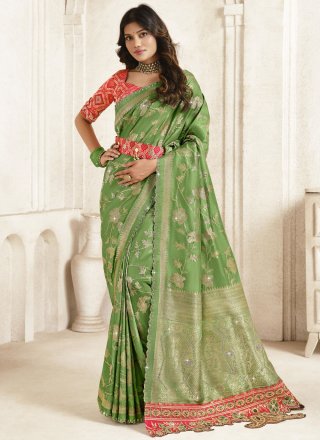 Green Silk Embroidered, Jacquard, Stone and Stone Work Classic Sari for Women