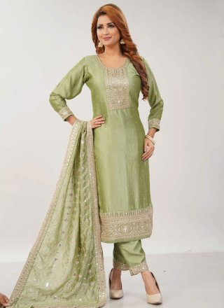 Green Silk Embroidered, Sequins and Zari Work Salwar Suit