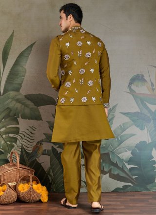Green Silk Embroidered Work Kurta Payjama with Jacket