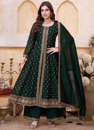 Green Silk Floor Length Salwar Suit with Embroidered, Sequins and Zari Work for Festival