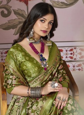 Green Silk Floral Patch and Woven Work Classic Saree