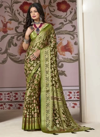Green Silk Floral Patch and Woven Work Classic Saree