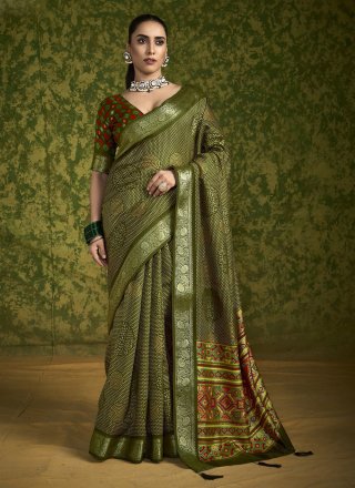 Green Silk Foil Print Work Trendy Saree for Ceremonial