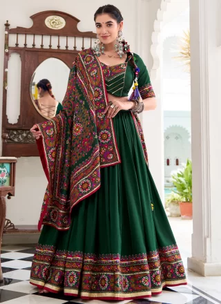 Green Silk Gamthi, Lace and Print Work Readymade Lehenga Choli for Women
