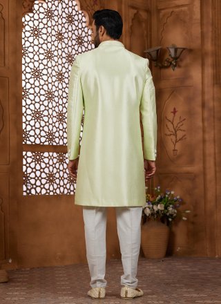 Green Silk Hand, Resham, Stone and Thread Work Indo Western Sherwani for Ceremonial