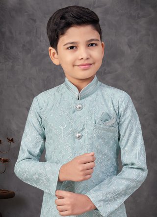 Green Silk Indo Western with Machine Embroidery and Thread Work for Kid