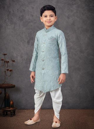 Green Silk Indo Western with Machine Embroidery and Thread Work for Kid